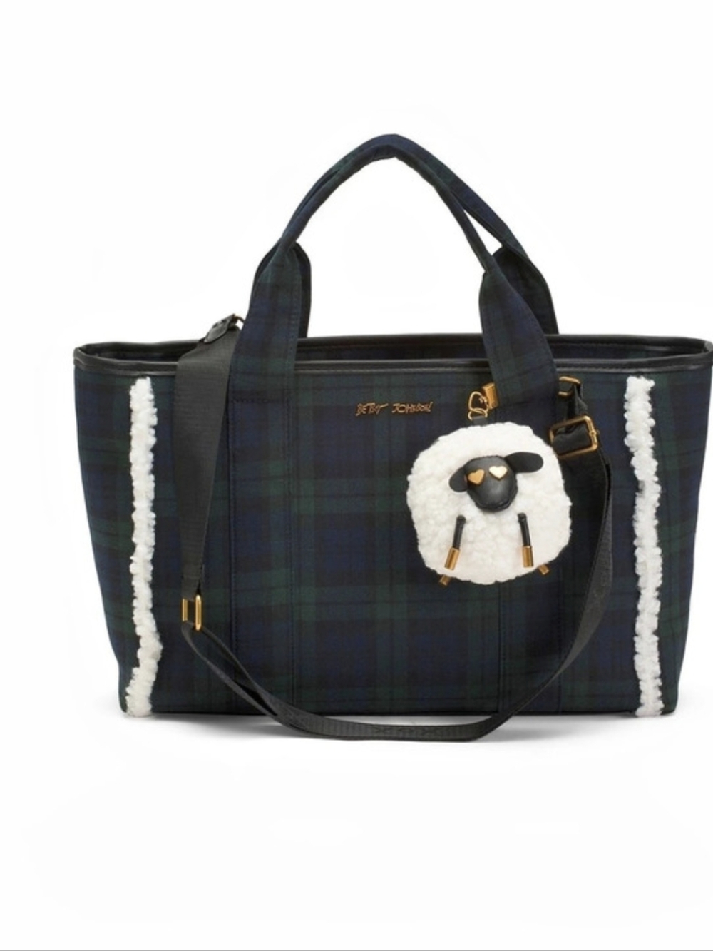 🖤▪️Betsey Johnson Blackwatch Green Plaid Tote with Sheep Charm Black & Dark